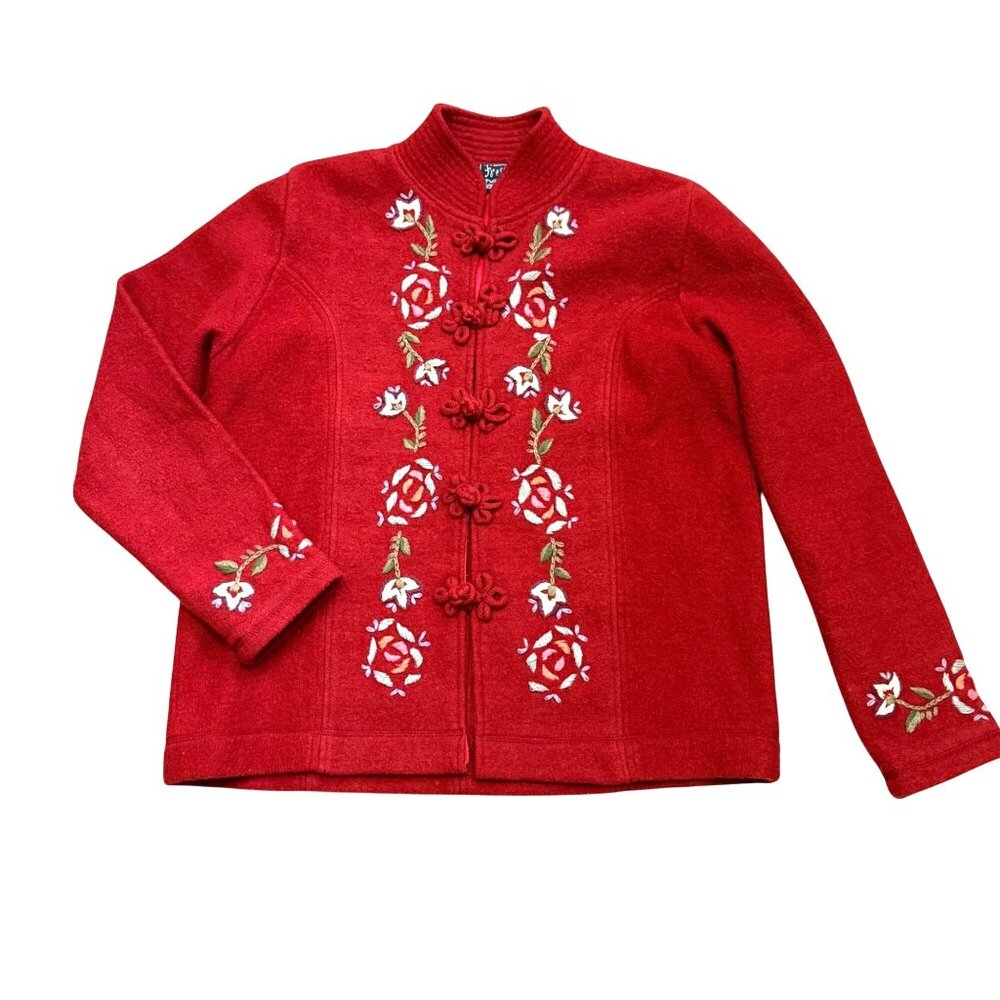 Fresh Groove Women's Jacket Sz M Rust Red Wool Embroidered Floral Asian Vintage
